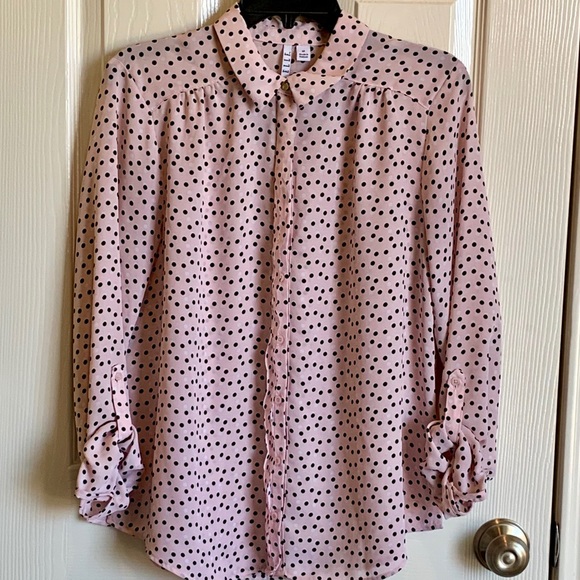 pink and black polka dot blouse